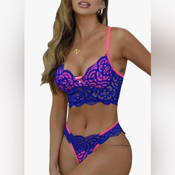 Other - Neon Lace Lingerie Set Blue & Pink Underwire Bra + Thong 2-Piece